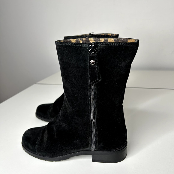 Stuart Weitzman Black Suede Mid-Calf Boots Cheetah Print Round Toe Booties 4 - Picture 1 of 16
